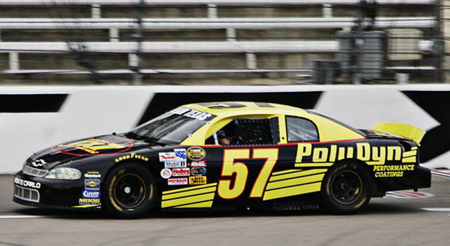 Number 57 stock car in PolyDyn Performance Coatings livery on track