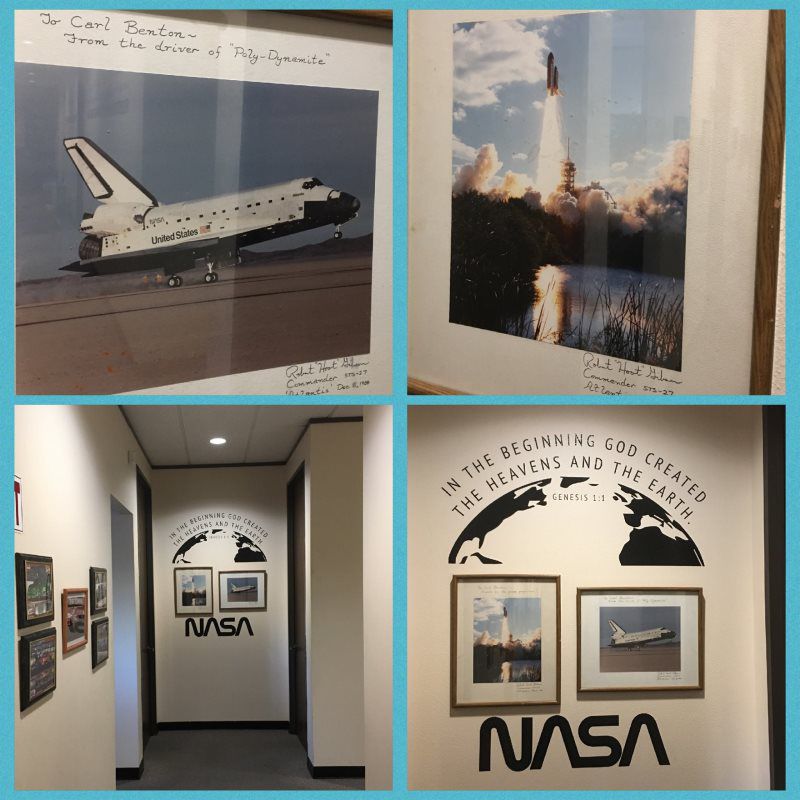 Framed NASA photographs including a Space Shuttle launch, on the wall at PolyDyn